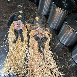 Witch head Wall folk art vintage with burlap hats, bows and straw beards!